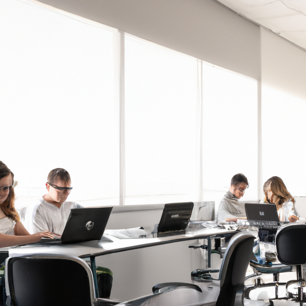 Estudiantes de gestión de medios en Lima trabajando con portátiles, iluminación blanca minimalista